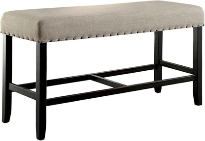 Rustic Farmhouse Counter Height Bench, Beige Linen & Antique Black Nailhead Trim - Solid Wood Dining Room Bench for Kitchen Island