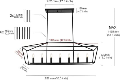 MELUCEE 7-Light Dining Room Light Fixtures Over Table, Farmhouse Chandelier Light Fixture Black Industrial Linear Pendant Lights Kitchen Island Candle Lantern Chandelier, E12 Base