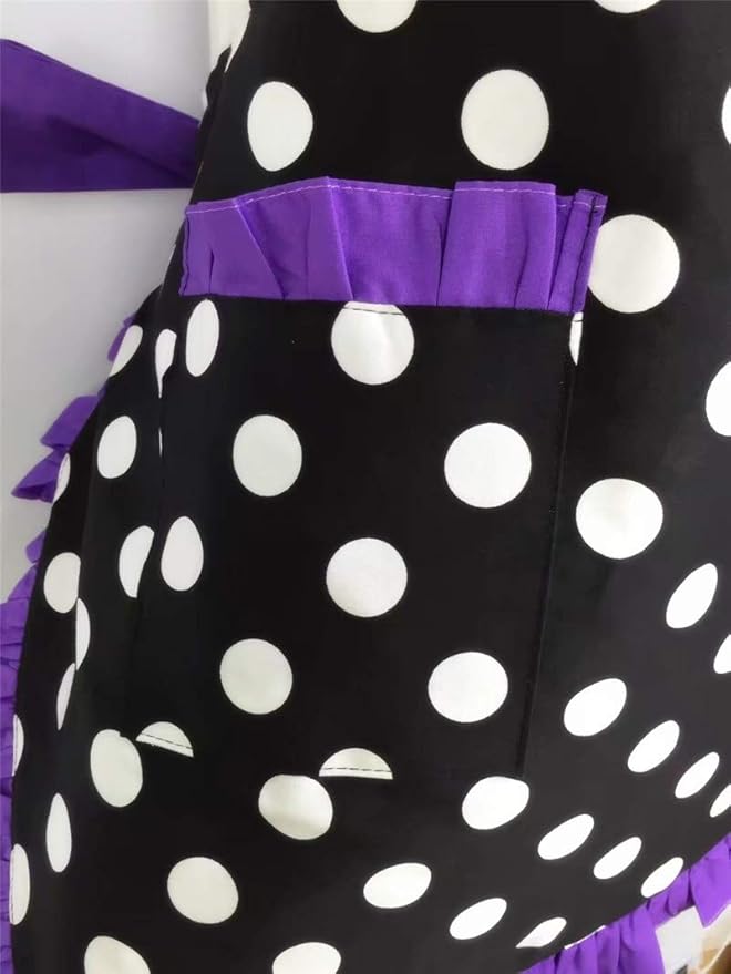 Hyzrz Cute Apron Retro Black Polka Dot Retro Ruffle Side Vintage Cooking Aprons with Pockets for Women Girls (Side Purple)