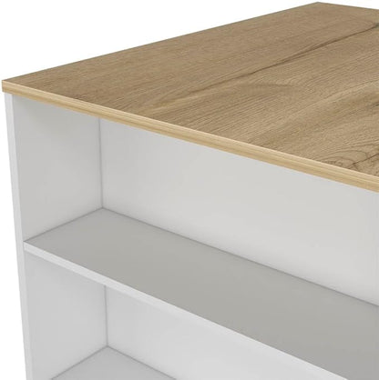 Kitchen Island Table, Two Legs, Three Side Shelves, White/Pine