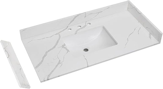 42 in.W x 22 in.D Quartz Calacatta River Vanity Top,with Undermount Middle Sink Vanity Top,with Two Sidesplash & One Backsplash,8 Inch Faucet Hole Spread Bathroom Vanity Sink Countertop