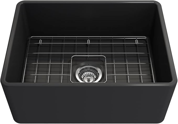 BOCCHI Classico Farmhouse Apron Front Fireclay 24 in. Single Bowl Kitchen Sink with Protective Bottom Grid and Strainer in M.Dark Gray