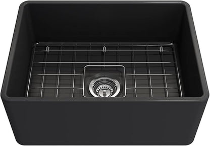 BOCCHI Classico Farmhouse Apron Front Fireclay 24 in. Single Bowl Kitchen Sink with Protective Bottom Grid and Strainer in M.Dark Gray