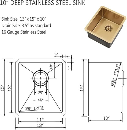 Gold Bar Sink, 13 x 15 Inch Undermount Kitchen Sink Small Wet Bar Prep 16 Gauge Stainless Steel RV Kitchen Single Bowl Basin