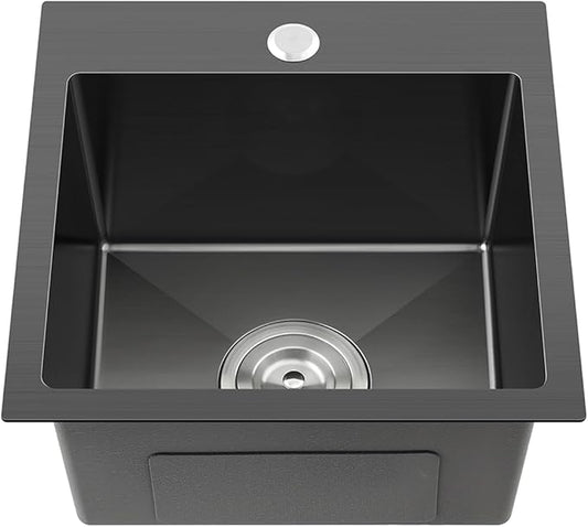 18x18 Inch Drop in Kitchen Sink, TSIBOMU 18 Inch 304 Stainless Steel Handmade Kitchen Sink,Single Faucet Hole Single Bowl Topmount Kitchen Bar Sink,Black