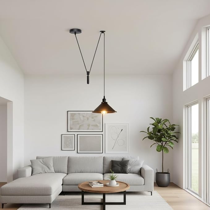 Black Cone Adjustable Pulley Pendant Light – Retro Industrial E26 Hanging Ceiling Lamp Fixture for Kitchen Island, Dining Room, Living Room, Bar & Café Décor (2M, Black)
