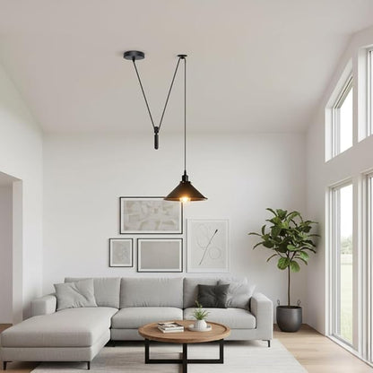 Black Cone Adjustable Pulley Pendant Light – Retro Industrial E26 Hanging Ceiling Lamp Fixture for Kitchen Island, Dining Room, Living Room, Bar & Café Décor (2M, Black)
