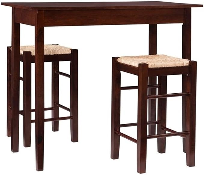 Linon Tavern Espresso Counter Height Table with 2 Stools - Kitchen Bar Set Sea Grass/Rush Seat