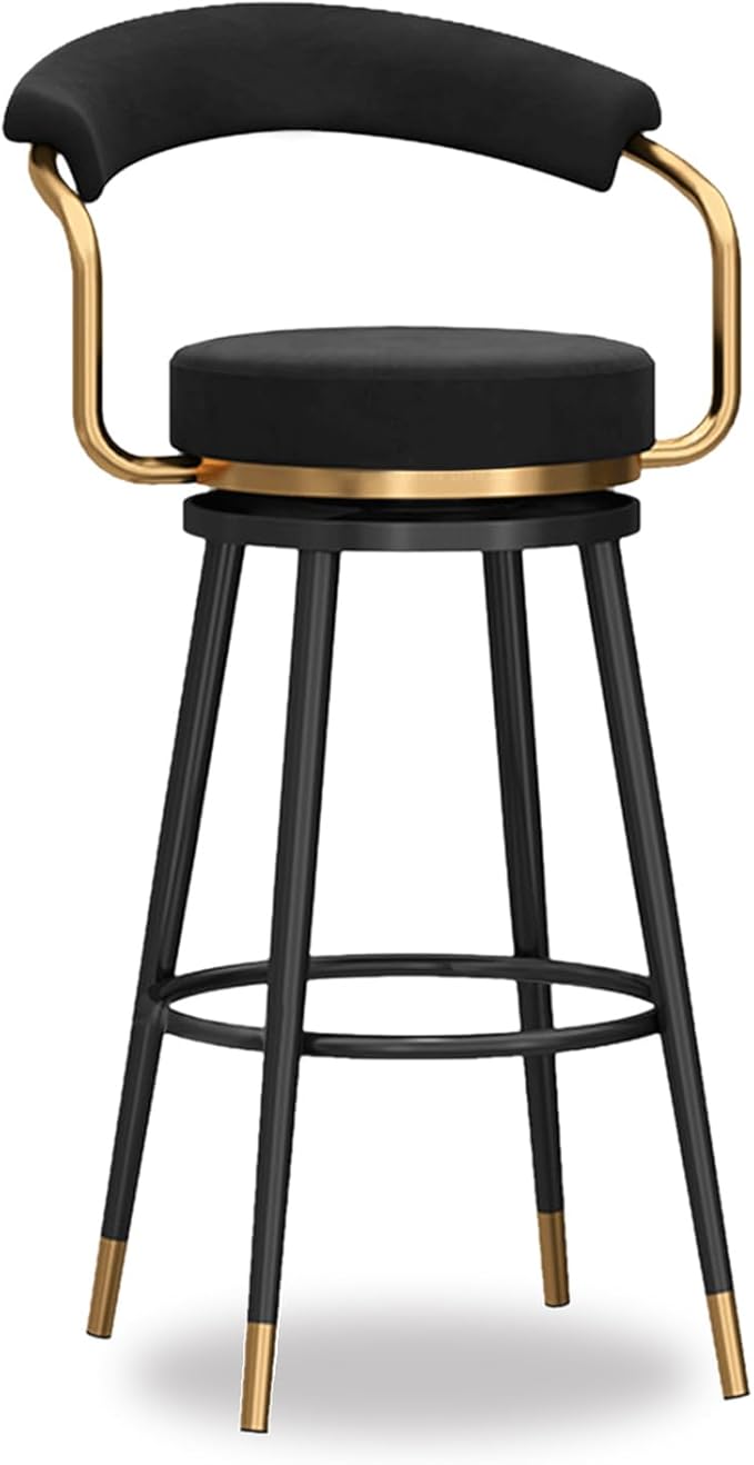 Swivel stools 1PC, Velvet Upholstered Stools with Hollow Back, Metal Chair Legs & Footrest for Kitchen Island Dining Room Pub Home, Seat Height 65cm, Black (Black Seat Height 75cm