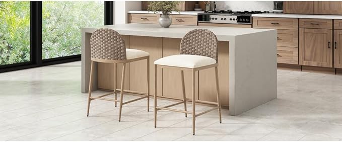 Farmhouse Barstools with Rattan Backrest for Kitchen Island Counter Seating