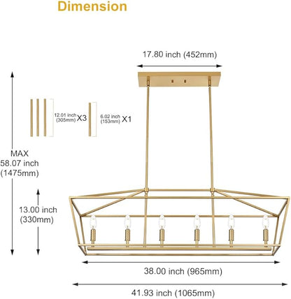 BONLICHT 6 Light Brushed Brass Farmhouse Chandelier for Dining Room, Modern Industrial Foyer Linear Pendant Light Traditional Gold Kitchen Island Lighting Fixture Hanging Ceiling Lights, E12 Base