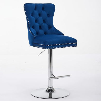 Set of 2 Thick Chrome Swivel Velvet Barstools,Adjustable 25-33" Height,with17.7 Base,Sponge&Spring Seat,for Home Pub&Kitchen Island(Blue) (Blue + Velvet + Foam)