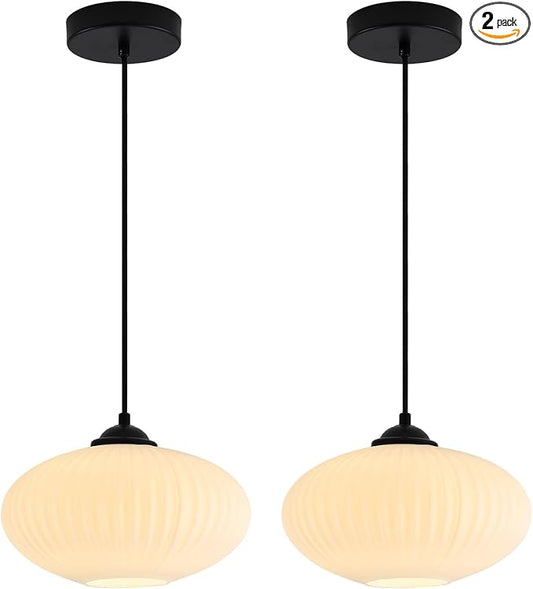 KCO Lighting Large White Globe Pendant Light Ribbed Milk Glass Pendant Light Frosted Matte Black Pendant Lights Farmhouse Pendant Light Fixtures Kitchen Dining Room (2 Pack)