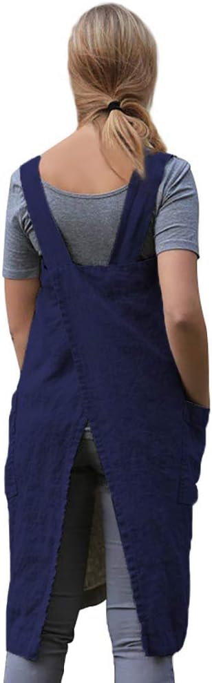 Larmliss Women's Pinafore Square Apron Baking Cooking Gardening Works Cross Back Cotton/Linen Blend Dress with 2 Pockets