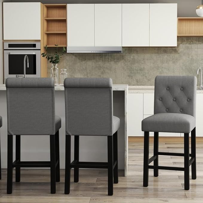 LSSBOUGHT 24 Inches Upholstered Counter Height Bar Stools Kitchen Island Chairs Padded Barstools with Button-Tufted Back and Solid Wood Legs Set of 2（Gray）