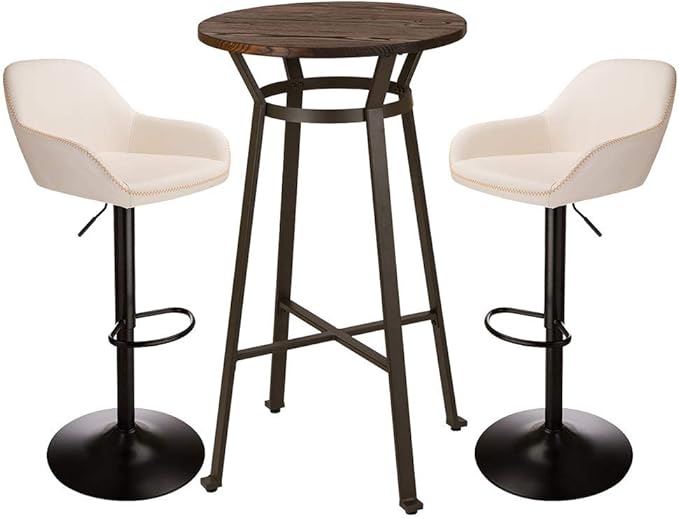 Glitzhome 3-Piece Pub Table and Chairs, Round Bar Height Adjustable Swivel PU Leather Bar Stools Set of 2, Rustic Dining Room Tables for Kitchen Island Bistro Office Living Room Small Space Restaurant