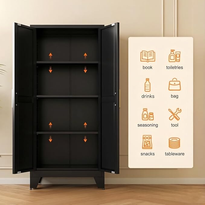 LCAOPC 61" Tall Metal Storage Cabinet with 2 Doors and 3 Adjustable Shelves, 4-Tier Kitchen Pantry Storage Cabinet for Kitchen, Living Room, Dining Room and Office, Black