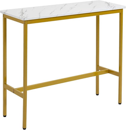 44.5" Bar Table, Pub Table with Adjustable Feet Floor Protector, Narrow Rectangular Kitchen Counter Bar Tables, Sofa High Top Bar Tables with Gold Metal Legs, White