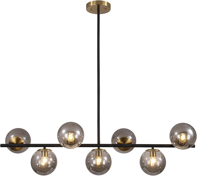 KCO Lighting Black and Gold Linear Kitchen Pendant Lighting Mid Century Modern Chandelier 7-Light Smoke Glass Globe Chandelier Vintage Dining Room Light Fixtures