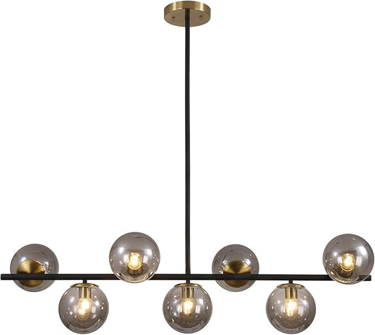KCO Lighting Black and Gold Linear Kitchen Pendant Lighting Mid Century Modern Chandelier 7-Light Smoke Glass Globe Chandelier Vintage Dining Room Light Fixtures