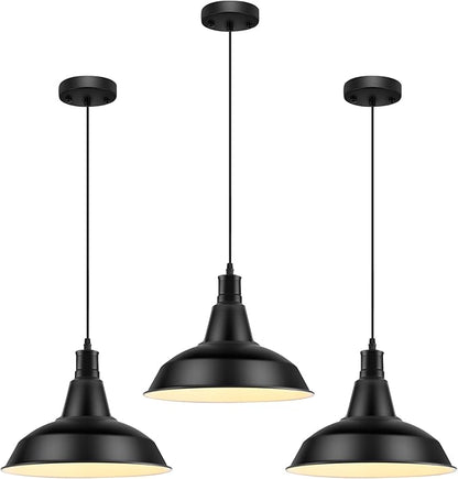 LOEHINLE Pendant Light Fixtures, 3Pcs Farmhouse Kitchen Island Lights Fixture, Industrial Hanging Pendant Lighting for Dining Room Bedroom, Black Metal Pendant Lamp, E26 Base, 12.2in