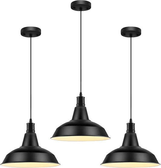 LOEHINLE Pendant Light Fixtures, 3Pcs Farmhouse Kitchen Island Lights Fixture, Industrial Hanging Pendant Lighting for Dining Room Bedroom, Black Metal Pendant Lamp, E26 Base, 12.2in