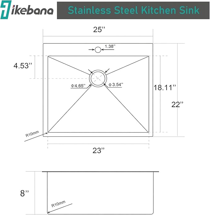 IKEBANA 25 Inch Black Drop In Kitchen Sink, 25 x 22 Inch 16 Gauge Single Bowl Stainless Steel Handmade Topmount Black Sink RV Bar Laundry Sinks