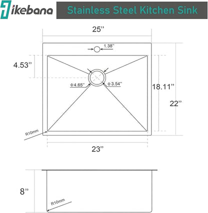 IKEBANA 25 Inch Black Drop In Kitchen Sink, 25 x 22 Inch 16 Gauge Single Bowl Stainless Steel Handmade Topmount Black Sink RV Bar Laundry Sinks