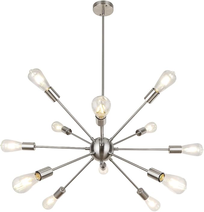 LynPon Brushed Nickel Sputnik Chandelier, 12 Lights Plating Silver Chandeliers Sputnik Light Fixture Modern Ceiling Light Mid Century Lighting for Dining Room Living Room Kitchen Foyer Bedroom