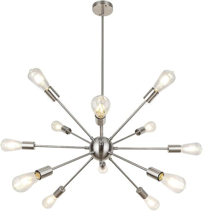 LynPon Brushed Nickel Sputnik Chandelier, 12 Lights Plating Silver Chandeliers Sputnik Light Fixture Modern Ceiling Light Mid Century Lighting for Dining Room Living Room Kitchen Foyer Bedroom