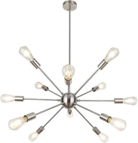 LynPon Brushed Nickel Sputnik Chandelier, 12 Lights Plating Silver Chandeliers Sputnik Light Fixture Modern Ceiling Light Mid Century Lighting for Dining Room Living Room Kitchen Foyer Bedroom