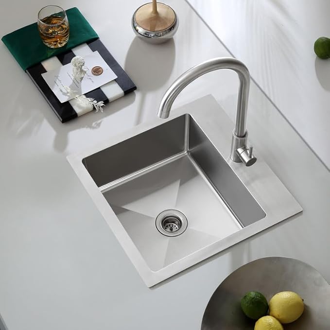 15 x 15 inch Kitchen Sink with 2" Drain Hole, 304 Stainless Steel Handmade Drop-in Bar Sink, RV Camper Kitchen Sink, Brushed