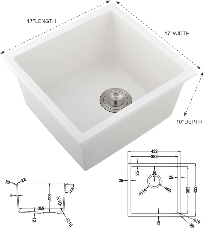 17 Inch Bar Sink Undermount White-iAnomla 17x17 Undermount Bar Sink White Quartz Bar Prep Sink Small Kitchen Sink Single Bowl Mini Wet Bar Rv Kitchen Sink with Bottom Grid