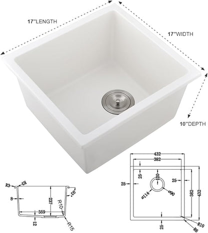 17 Inch Bar Sink Undermount White-iAnomla 17x17 Undermount Bar Sink White Quartz Bar Prep Sink Small Kitchen Sink Single Bowl Mini Wet Bar Rv Kitchen Sink with Bottom Grid