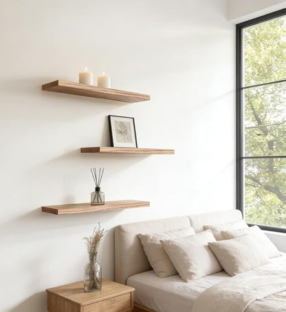 Rustic Wood Floating Shelves for Wall, Wooden Wall Shelves for Bedroom, Wall Mounted Shelves for Living Room, Set of 4 Light Brown 16 Inch