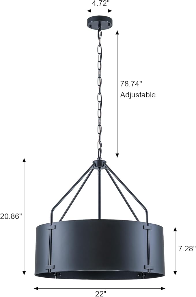 Drum Chandeliers for Dining Room,22 in Black Metal Dining Room Light Fixture Over Table, Industrial Modern Farmhouse Pendant Light for Kitchen,Entryway,Living Room