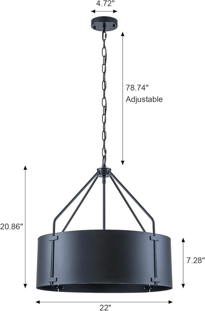 Drum Chandeliers for Dining Room,22 in Black Metal Dining Room Light Fixture Over Table, Industrial Modern Farmhouse Pendant Light for Kitchen,Entryway,Living Room