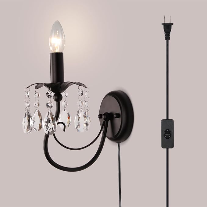 Black Wall Sconces,Vintage Crystal Wall Sconce Wall Light Fixtures,Farmhouse Candle Wall Sconce Indoor Bedside Mid Century for Bathroom Bedroom Living Room Hallway Entryway Stairs