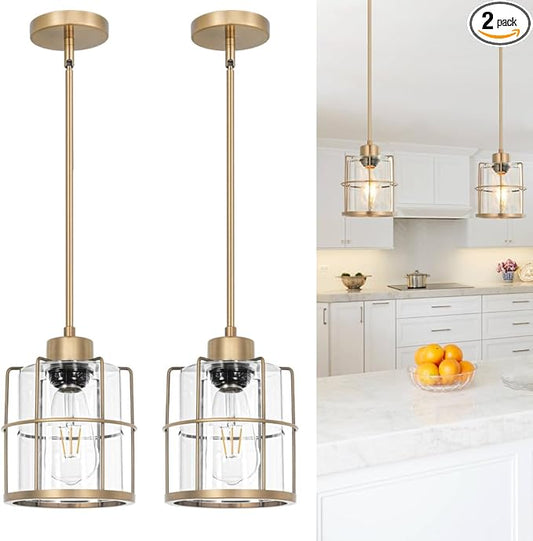 Modern Brass Pendant Light Kitchen Island Set of 2, Farmhouse Gold Pendant Light with Clear Cylinder Glass, Adjustable Rod Bathroom Pandand Light over Sink, Small Hanging Lighting for Home Decor, E26
