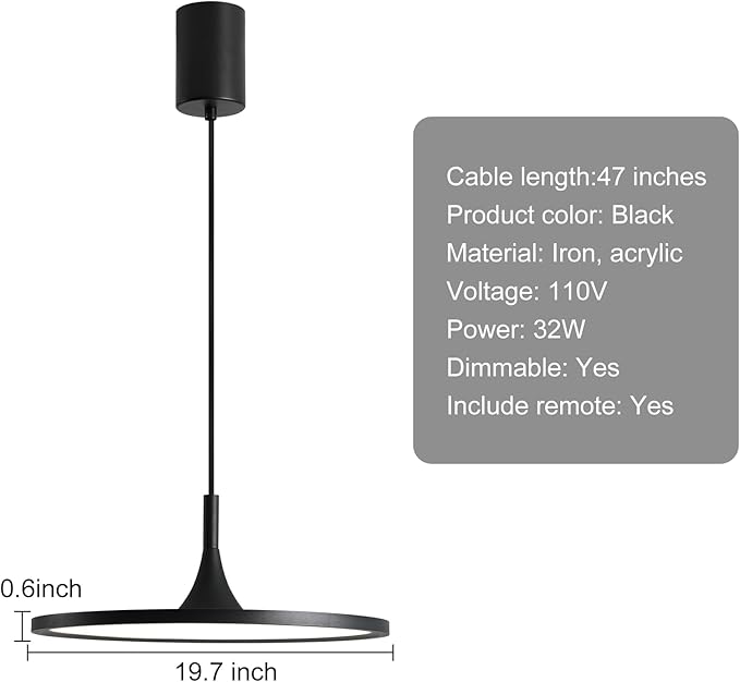JAYMP Dining Room Modern Pendant Lighting Dimmable LED Disk Light Adjustable Height Kitchen Island Hanging Light Fixture (Black, Dia 19.7 inch)