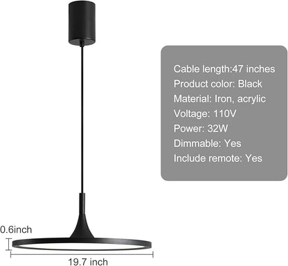 JAYMP Dining Room Modern Pendant Lighting Dimmable LED Disk Light Adjustable Height Kitchen Island Hanging Light Fixture (Black, Dia 19.7 inch)