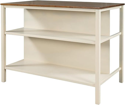 Solid Wood Rustic 45" Stationary Kitchen Island, Rubber Wood Butcher Block Dining Table Prep Table with 2 Open Shelves for Small Places,Walnut+Cream White