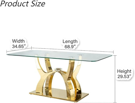 Large Glass Dining Table for 6-8,Gold Kitchen Table with Stainless Steel Base,68.9''Rectangle Dinner Table Glass Top,Modern Tables for Dining Room and Kitchen,Office,Sturdy Made(Table Only)