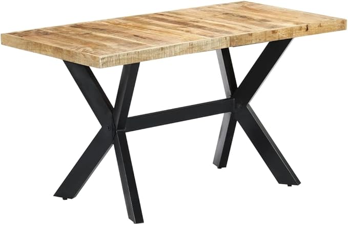 Industrial Rectangular Dining Table, Solid Mango Wood, Natural Finish, Black Steel Frame, 55.1x27.6 Inch, Seats 6, Modern Kitchen & Dining Room Centerpiece