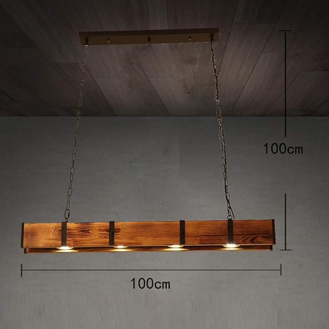 Wood Linear Pendant Lamp, 4 Lights Rustic Linear Chandelier Table Pendant Lamp, Wood Beam Farmhouse Island Hanging Light Fixture for Dining Room Bar Kitchen