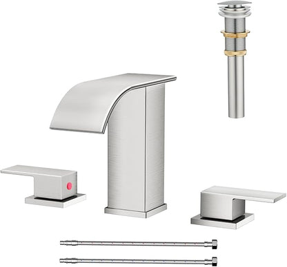 AVSIILE Waterfall Bathroom Faucet 3 Hole, Brushed Nickel 8 Inch Widespread Modern 3 Piece Bathroom Sink Faucet, Touch On Lavatory Faucet for Vanity RV Restroom, Curved Spout
