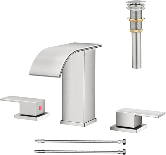 AVSIILE Waterfall Bathroom Faucet 3 Hole, Brushed Nickel 8 Inch Widespread Modern 3 Piece Bathroom Sink Faucet, Touch On Lavatory Faucet for Vanity RV Restroom, Curved Spout