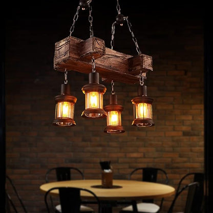 A Million Rustic Industrial Retro Chandelier with 4 E26 Light and Adjustable Hanging Chain, Vintage Wood Grain Pendant Light for Farmhouse Lighting Fixture 21.6 x 15 Inch