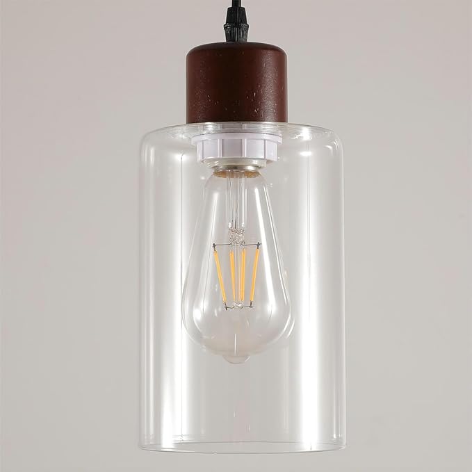 Modern Wood Pendant Lighting for Kitchen Island, Farmhouse Pendant Light Fixtures 1 Pack, Adjustable Hanging Ceiling Light with Clear Glass Shade