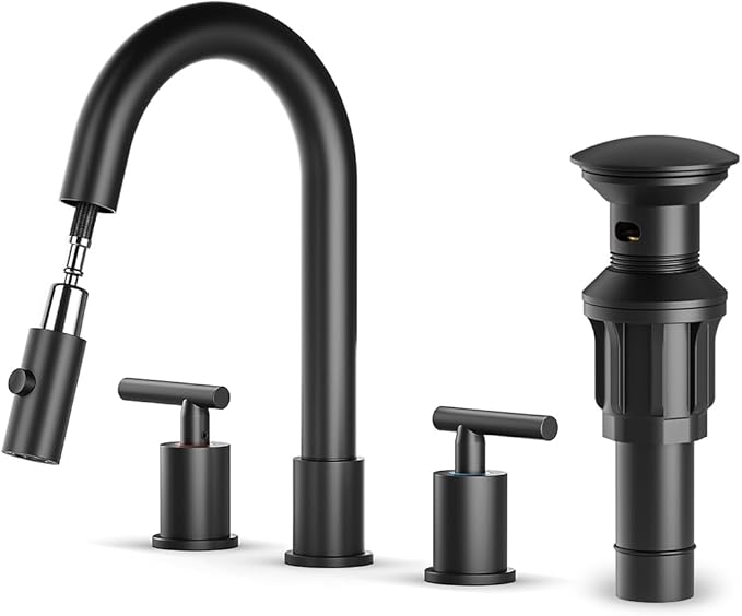 Ryuwanku Matte Black Pull Down Bathroom Faucet with Pop-up Drain, 8 inch Widespread Bathroom Faucet 3 Hole with Pull Down Sprayer 2 Modes. 8'' Matte Black Bathroom Faucet with Supply Lines